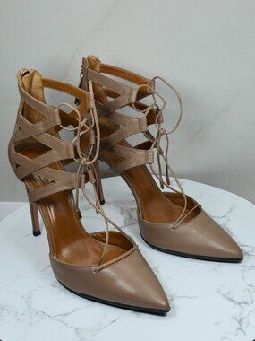 Aquazzura Firenze Lace Up Heels Nude Leather Pointed Toe Pumps